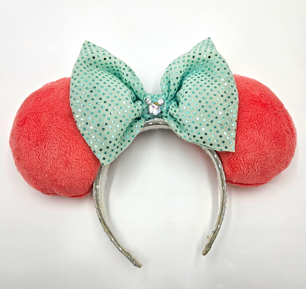 Minnie Mouse Coral Pink Plush Ears Mint Green Sequins Bow Headband Homemade